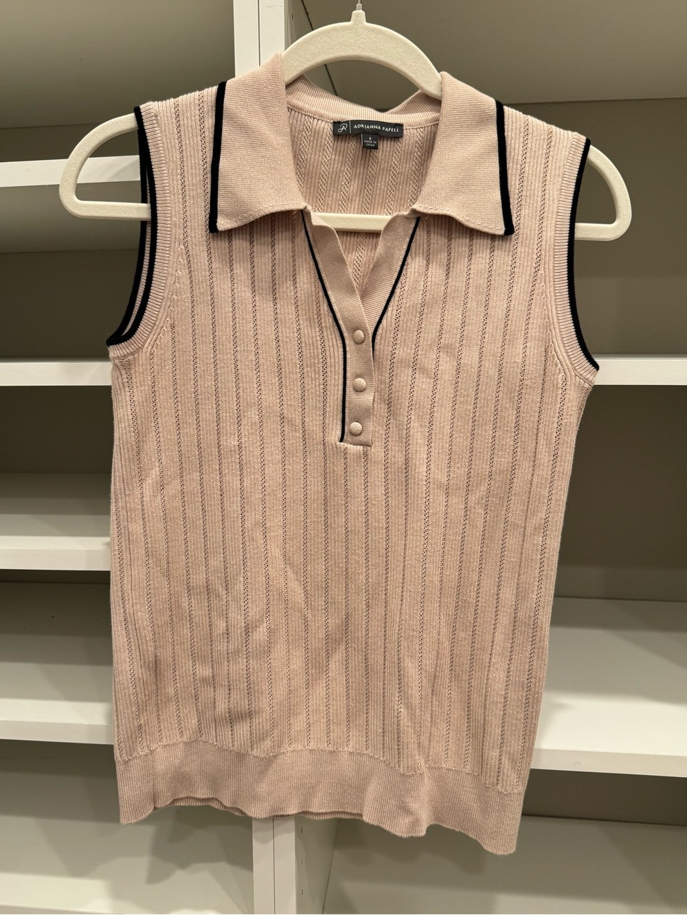 Adrianna Papell Tan Knit Sleeveless Polo Ribbed Top, Size Small
